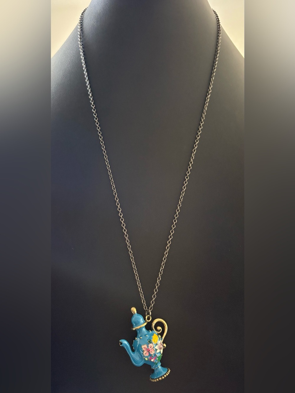 RARE 2022 Anna Sui Blue Teapot Pendant Necklace with Pink Floral Detail